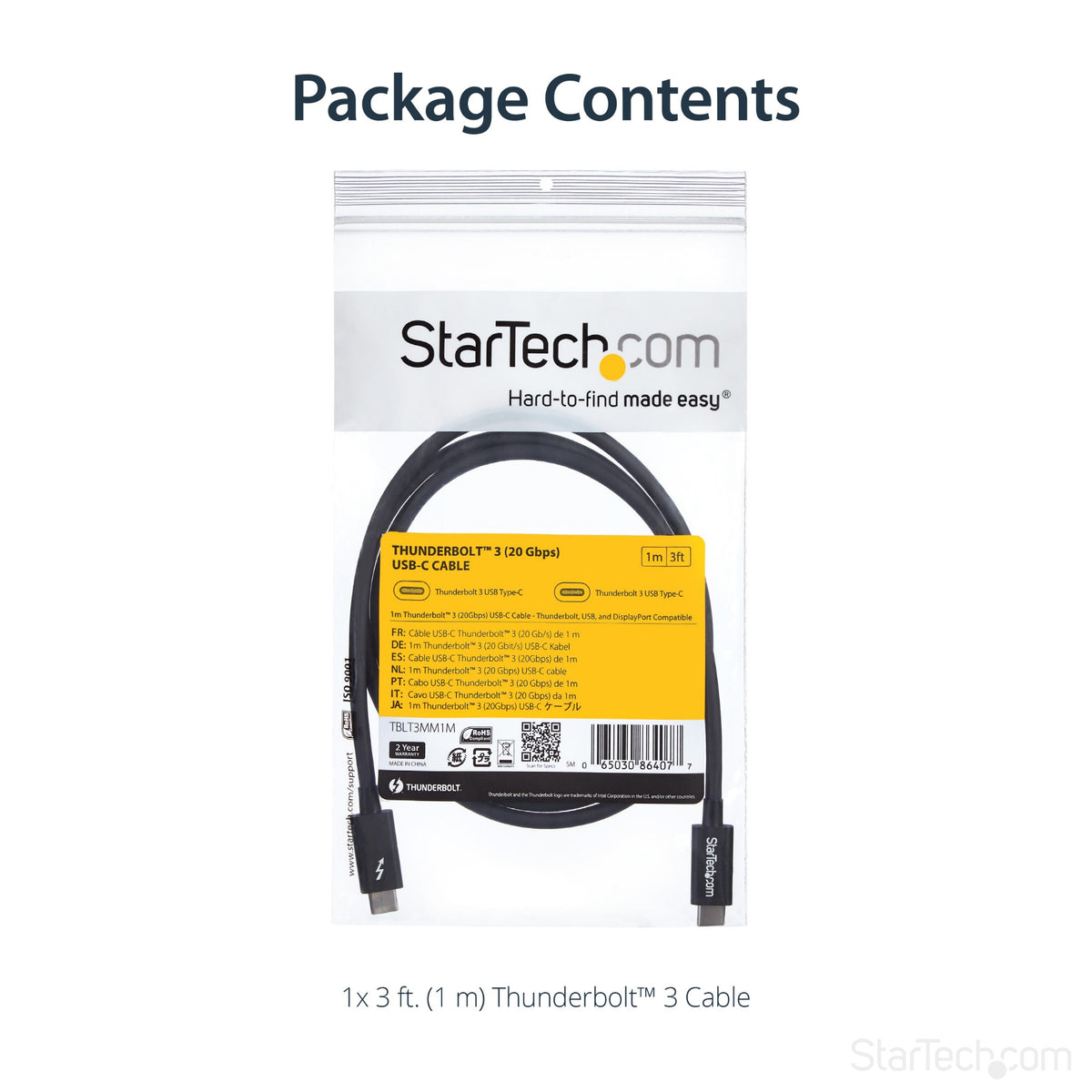 StarTech.com 3.3ft (1m) Thunderbolt 3 Cable, 20Gbps, 100W PD, 4K, Thunderbolt Certified, Compatible with Thunderbolt 4/USB 3.2/DisplayPort