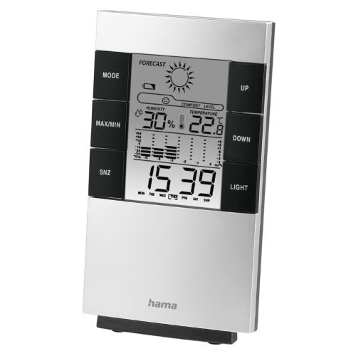 Hama TH-200 LCD Thermo/Hygrometer - Bar Chart Thermometer, Hygrometer, Barometer, Weather Forecast, Date/Time, Alarm, Black/Silver