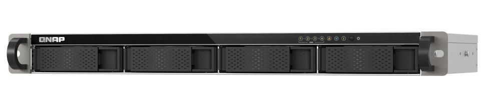 QNAP 4-Bay quad-core 2.0 GHz short-depth 1U rackmount NAS with 100W power supply, 4GB RAM (not expandable), SATA 6Gb/s, 2 x 2.5 GbE LAN,