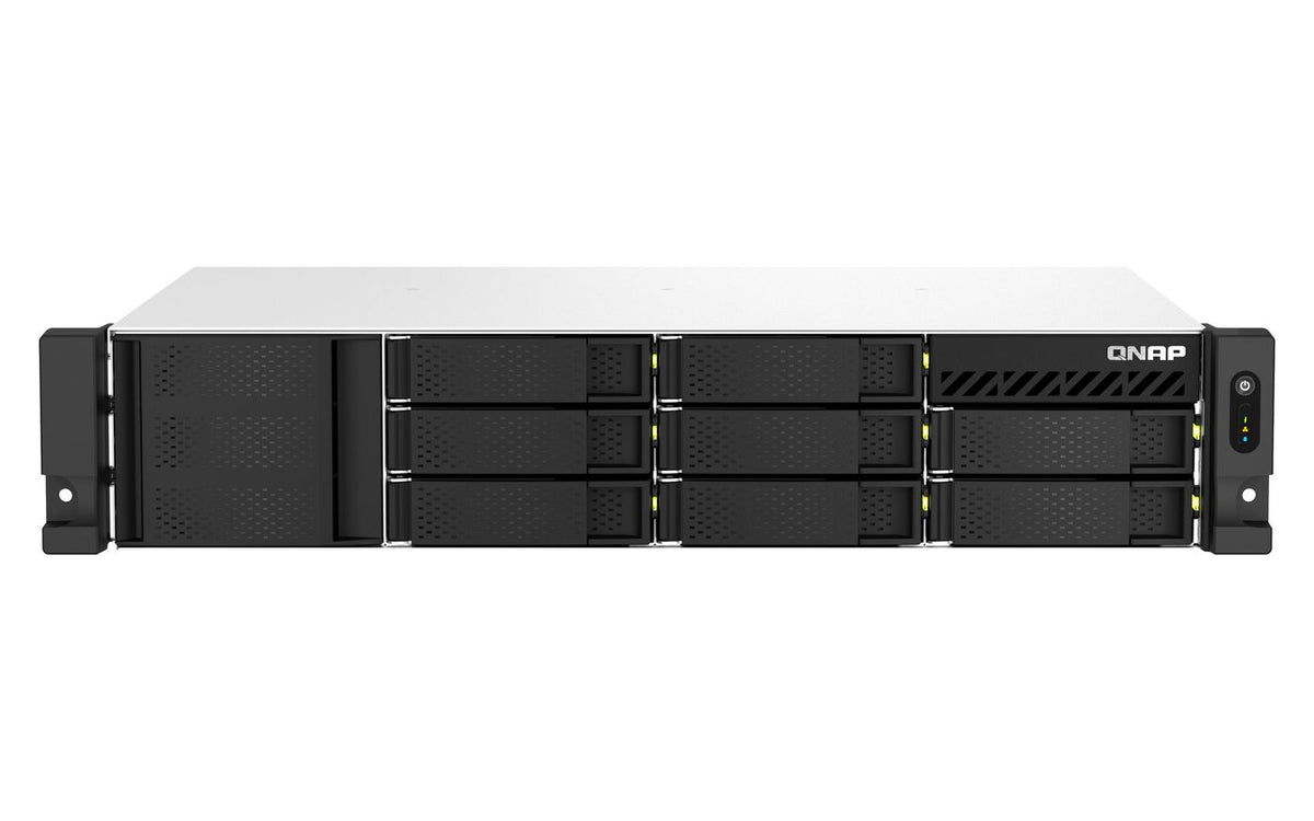 QNAP 2U 8-bay short depth 12" rackmount NAS, Intel Celeron N5095 quad-core, 8 GB onboard not expandable, 8 x 3.5"2.5" SATA 6Gbs drive
