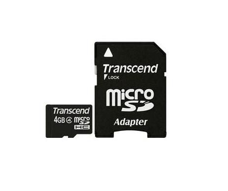 Transcend MicroSD Card SDHC 4GB+Adapter 4 GB microSDHC, 4 GB, MicroSDHC, Class 4, 4 MB/s, Black