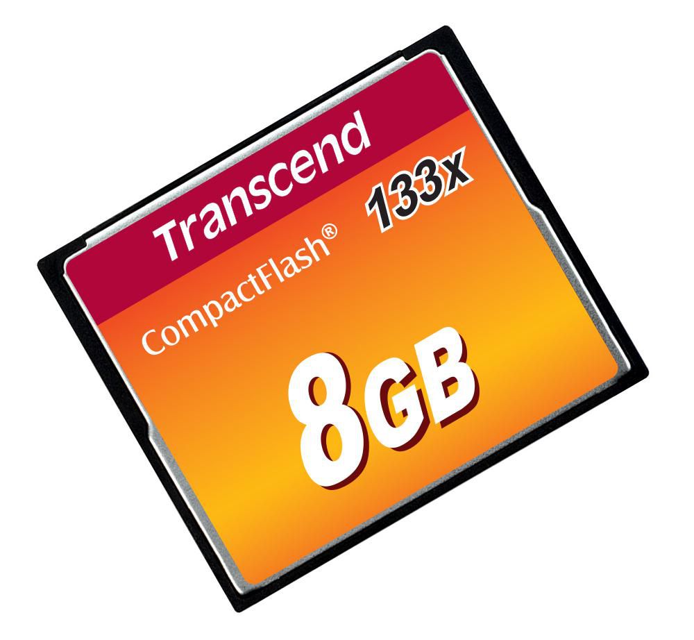 Transcend 8GB CF CARD (133X, TYPE I ) TS8GCF133, 8 GB, CompactFlash, MLC, 50 MB/s, 20 MB/s, Black