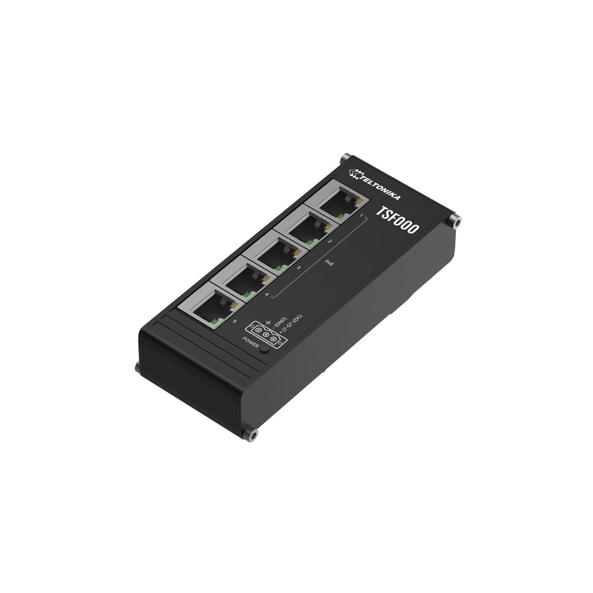 Teltonika Networks TSF000 x5 ethernet ports, x4 PoE+ unmanaged flat ethernet switch with integrated din rail bracket