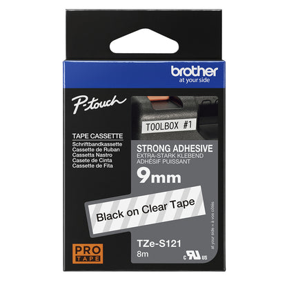 Brother TZE-S121 DirectLabel black on Transparent extra strong 9mm x 8m for Brother P-Touch TZ 3.5-18mm/6-12mm/6-18mm/6-24mm/6-36mm