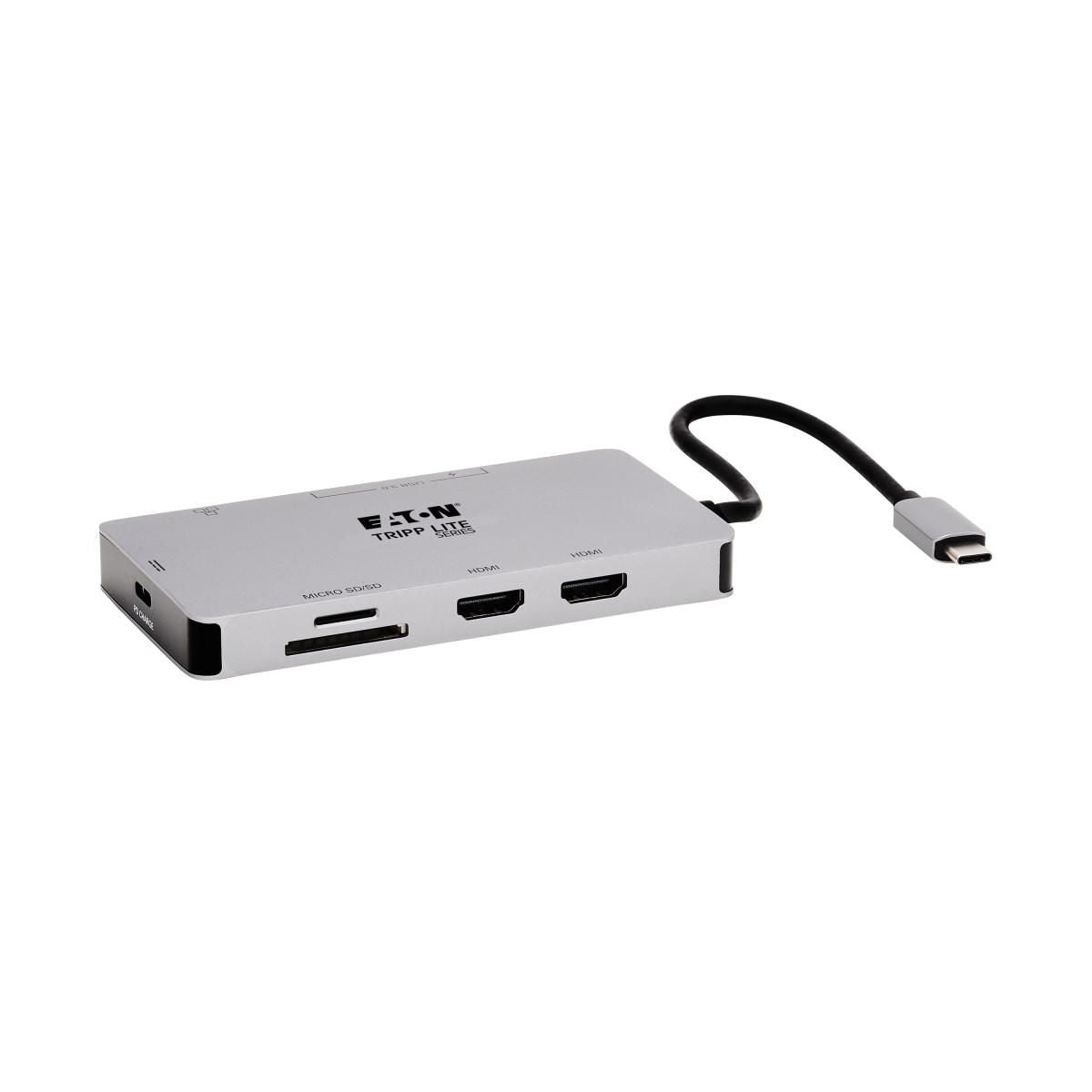 Tripp Lite Usb-C Dock, Dual Display - 4K 60 Hz Hdmi, Usb 3.X (5Gbps) Hub Ports, Gbe, Memory Card, 100W Pd Charging, Gray