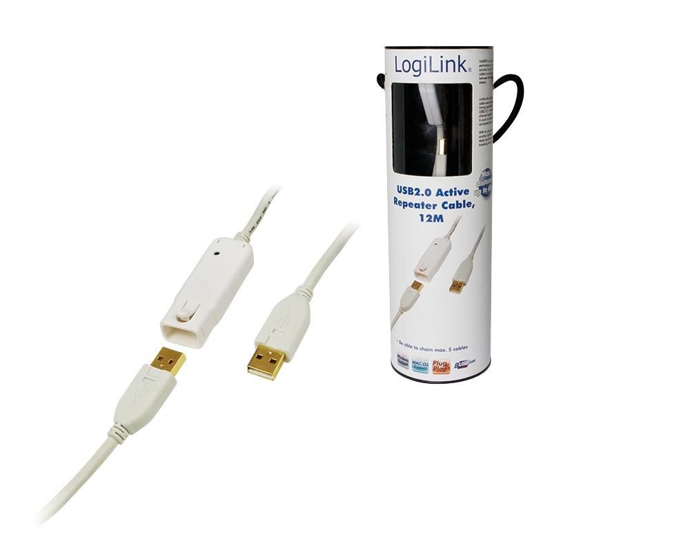 LogiLink USB 2.0 cable, USB-A/M to USB-A/F, amplifier, white, 12 m 12m USB 2.0, 12 m, USB A, USB A, Male/Female, 480 Mbit/s, White