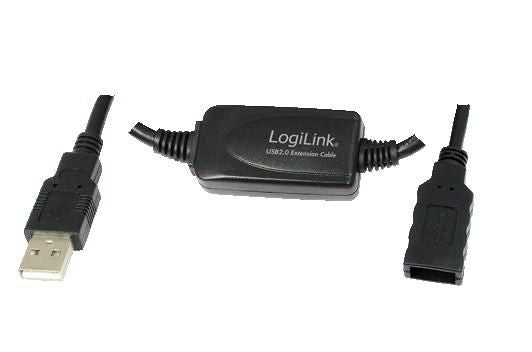 LogiLink USB 2.0 cable, USB-A/M to USB-A/F, amplifier, black, 15 m 15M USB 2.0 - USB 2.0 M/F, 15 m, USB A, USB A, 2.0, Male/Male, Black
