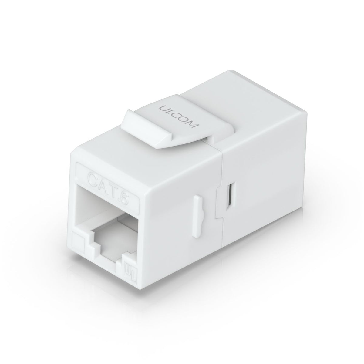 Ubiquiti Pass-through Cat6 keystone coupler for connecting pre-terminated Ethernet cables seamlessly.