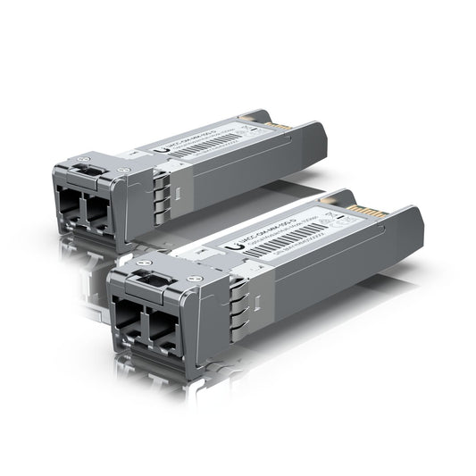 Ubiquiti SFP+ transceiver that supports 10G connections up to 300 m using multi-mode fiber with a duplex LC UPC connector.