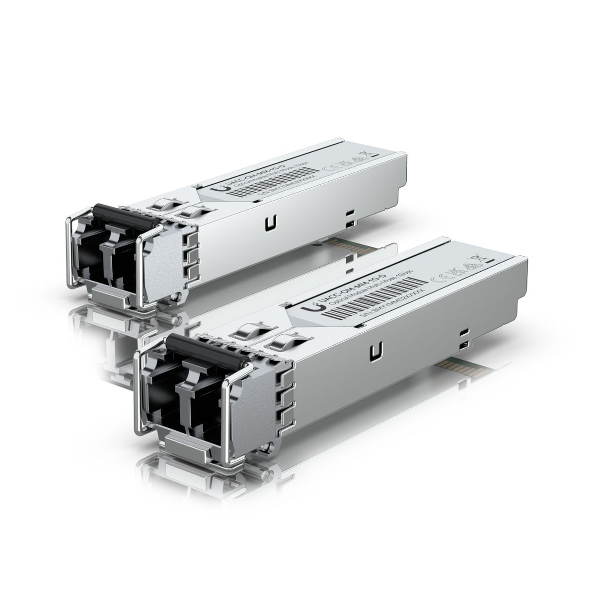 Ubiquiti SFP transceiver that supports 1G connections up to 550 m using multi-mode fiber with a duplex LC UPC connector.