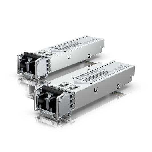 Ubiquiti SFP transceiver that supports 1G connections up to 550 m using multi-mode fiber with a duplex LC UPC connector.