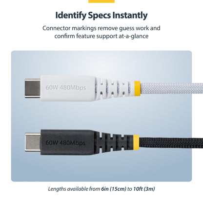 StarTech.com 1m (3ft) White USB-C Charging Cable, 60W (3A) PD, Dual-Layer Braided Nylon/TPE Jacket, Rugged USB C Charging Cord, USB 2.0 Laptop Charger Cable