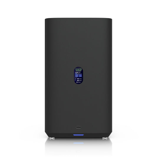 Ubiquiti UniFi Network Attached Storage with (4) 2.5/3.5" HDD bays, (2) M.2 NVMe SSD cache slots, 2.5 GbE networking, USB-C connectivity, and
