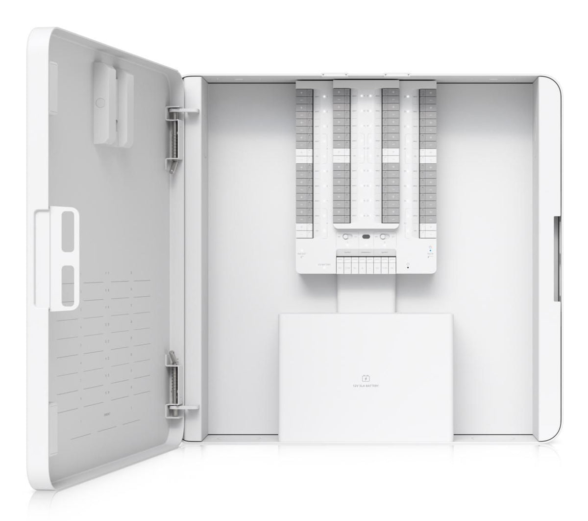Ubiquiti 32 input zone alarm control hub for hardwire intrusion sensors powered using PoE++ input and optional battery backup.