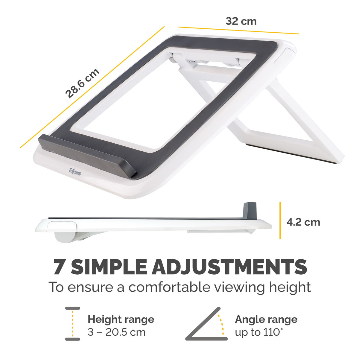 Fellowes Laptop Stand for Desk - I-Spire Quick Lift Adjustable Laptop Stand for the Home and Office - Portable Laptop Stand with 7 Height Adjustments - Max Monitor Size 17", Max Weight 4KG - White
