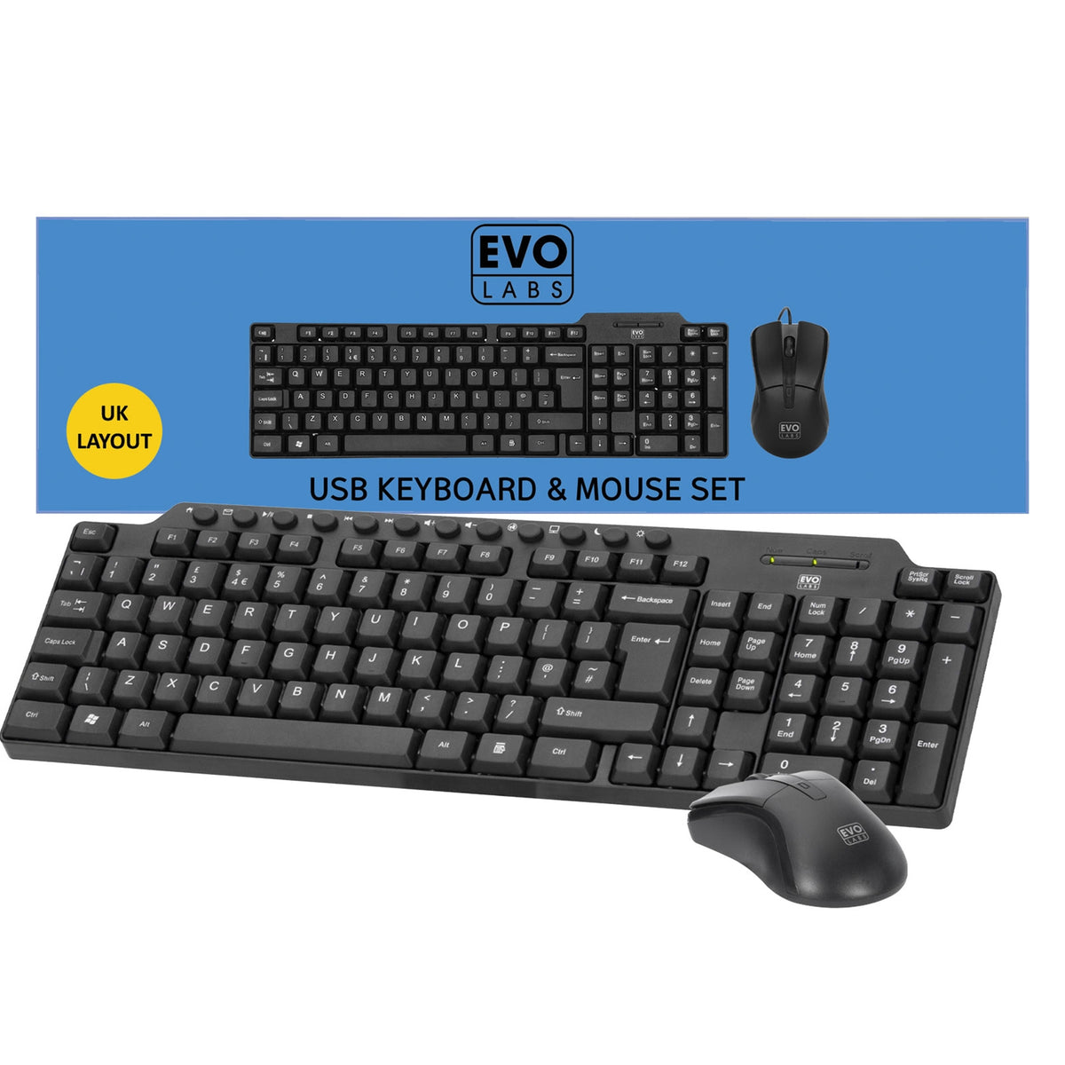 Evo Labs CM-501UK Wired Multimedia and Mouse Combo Set, USB Plug and Play, Full Size Qwerty UK Layout with Optical Sensor Mouse, Ideal for Home or Office, Black keyboard Mouse included Home/Office UK International