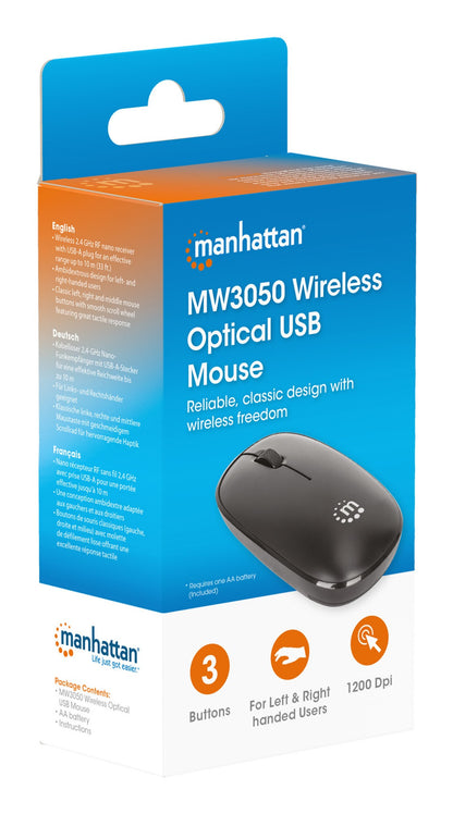 Manhattan MW3050 Wireless Optical Mouse, Black, 1200dpi, 2.4Ghz (up to 10m), USB, Ambidextrous, Three Button with Scroll Wheel, USB-A nano receiver, AA battery (included), Low friction base, USB version (most popular type, which is USB-A), Three Year Warr
