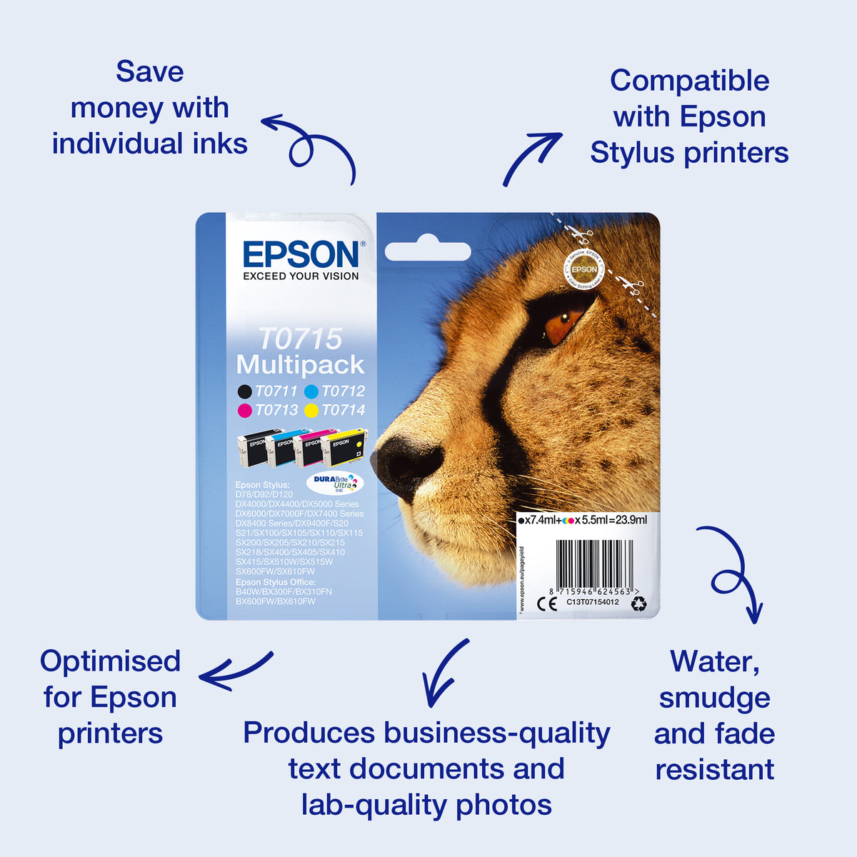 Epson C13T07154012/T0715 Ink cartridge multi pack Bk,C,M,Y 7,4ml+3x5,5ml Pack=4 for Epson Stylus BX 310/600/D 120/D 78/S 20
