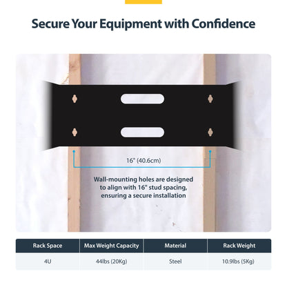 StarTech.com 4U Wall Mount Network Rack - 14 Inch Deep (Low Profile) - 19" Patch Panel Bracket for Shallow Server and IT Equipment, Network Switches - 44lbs/20kg Weight Capacity, Black