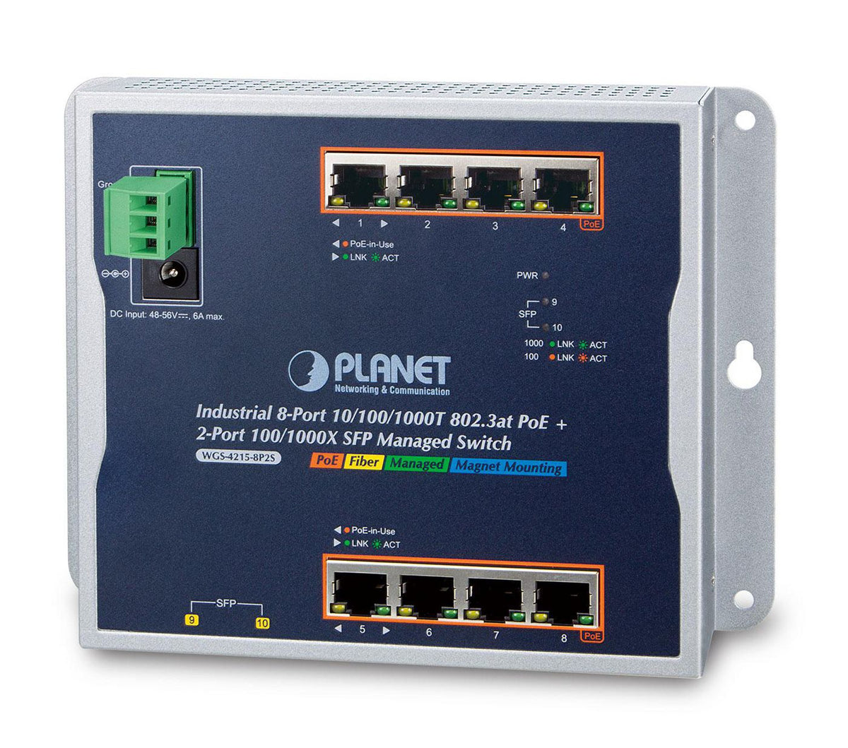 Planet IP30, IPv6/IPv4, 8-Port 1000T 802.3at PoE + 2-P 100/1000X SFP Wall-mount Managed Ethernet Switch (-40 to 75 C, dual power input on 48-56V