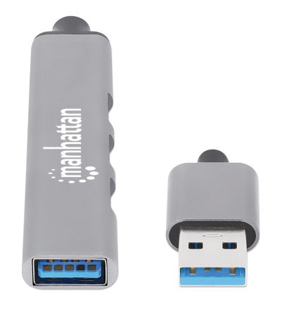 Manhattan USB-A 4-Port Hub, 4x USB-A Ports (1x 5 Gbps USB 3.2 Gen1 aka USB 3.0, 3 x 480 Mbps USB 2.0), USB powered (no external power supply required), Aluminium