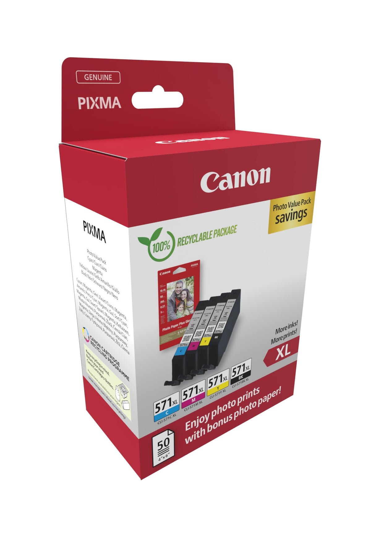 Canon 0332C006/CLI-571XL Ink cartridge multi pack Bk,C,M,Y high-capacity + Photopaper 50 sheet 11ml Pack=4 for Canon Pixma MG 5750/7750