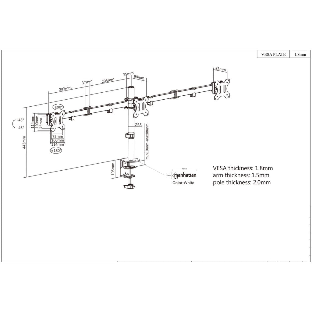 Manhattan Triple Desk Mount for TV & Monitors, For screens: 10" to 27", Clamp Assembly, VESA compatibility: 75x75 and 100x100mm - check the dimensions of the four mounting holes on back of screen to ensure it fits, Max 7kg (each), Black, Bracket, Lifetime