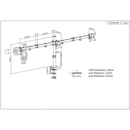 Manhattan Triple Desk Mount for TV & Monitors, For screens: 10" to 27", Clamp Assembly, VESA compatibility: 75x75 and 100x100mm - check the dimensions of the four mounting holes on back of screen to ensure it fits, Max 7kg (each), Black, Bracket, Lifetime
