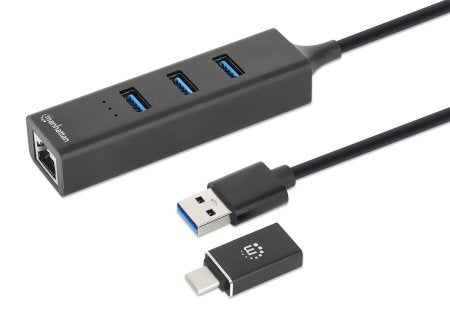 Manhattan USB-C & USB-A Combo Dock/Hub, Ports (4): Ethernet and USB-A (x3), 5 Gbps (USB 3.2 Gen1 aka USB 3.0), USB powered (no external power supply required)