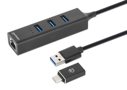 Manhattan USB-C & USB-A Combo Dock/Hub, Ports (4): Ethernet and USB-A (x3), 5 Gbps (USB 3.2 Gen1 aka USB 3.0), USB powered (no external power supply required)