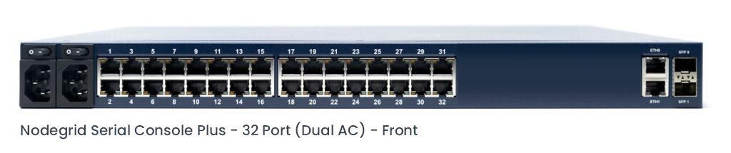 ZPE Systems Nodegrid Serial Plus - Core Edition. 32-port Cisco Rolled, 2-Core CPU, 4GB DDR4, 16GB SSD, 2 SFP, 2 GbE, 2 USB 3.0. Dual AC Power,