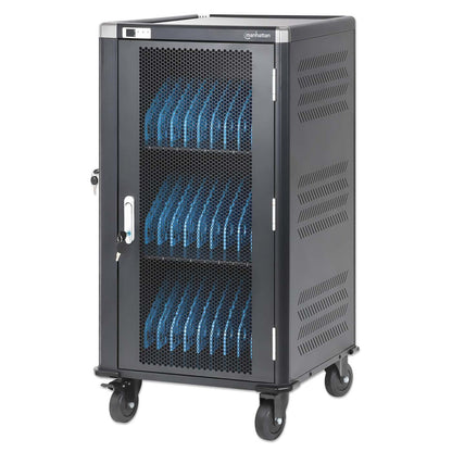Manhattan Laptop Charging Cart/Trolley via AC Adapter (UK) 30-bay, Install device's AC Adapter (power cables) into unit, Suitable for ALL laptops (to 16"), iPads, MacBooks, Chromebooks, other portable devices, Bays 380x30x280mm, Black, Cabinet, Lockable