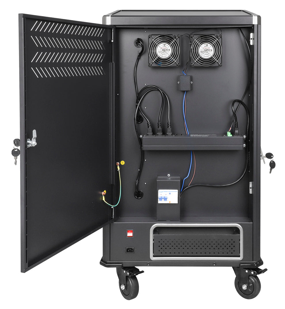 Manhattan Laptop Charging Cart/Trolley via AC Adapter (UK) 30-bay, Install device's AC Adapter (power cables) into unit, Suitable for ALL laptops (to 16"), iPads, MacBooks, Chromebooks, other portable devices, Bays 380x30x280mm, Black, Cabinet, Lockable
