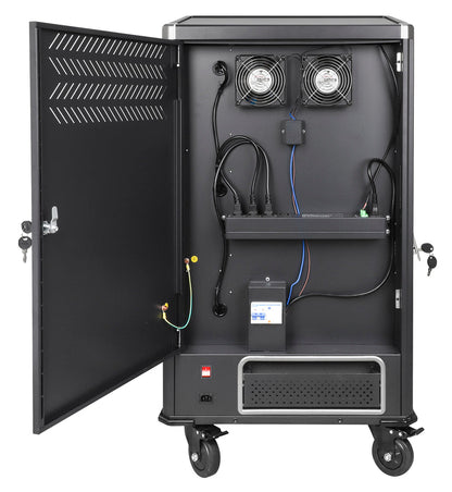 Manhattan Laptop Charging Cart/Trolley via AC Adapter (UK) 30-bay, Install device's AC Adapter (power cables) into unit, Suitable for ALL laptops (to 16"), iPads, MacBooks, Chromebooks, other portable devices, Bays 380x30x280mm, Black, Cabinet, Lockable