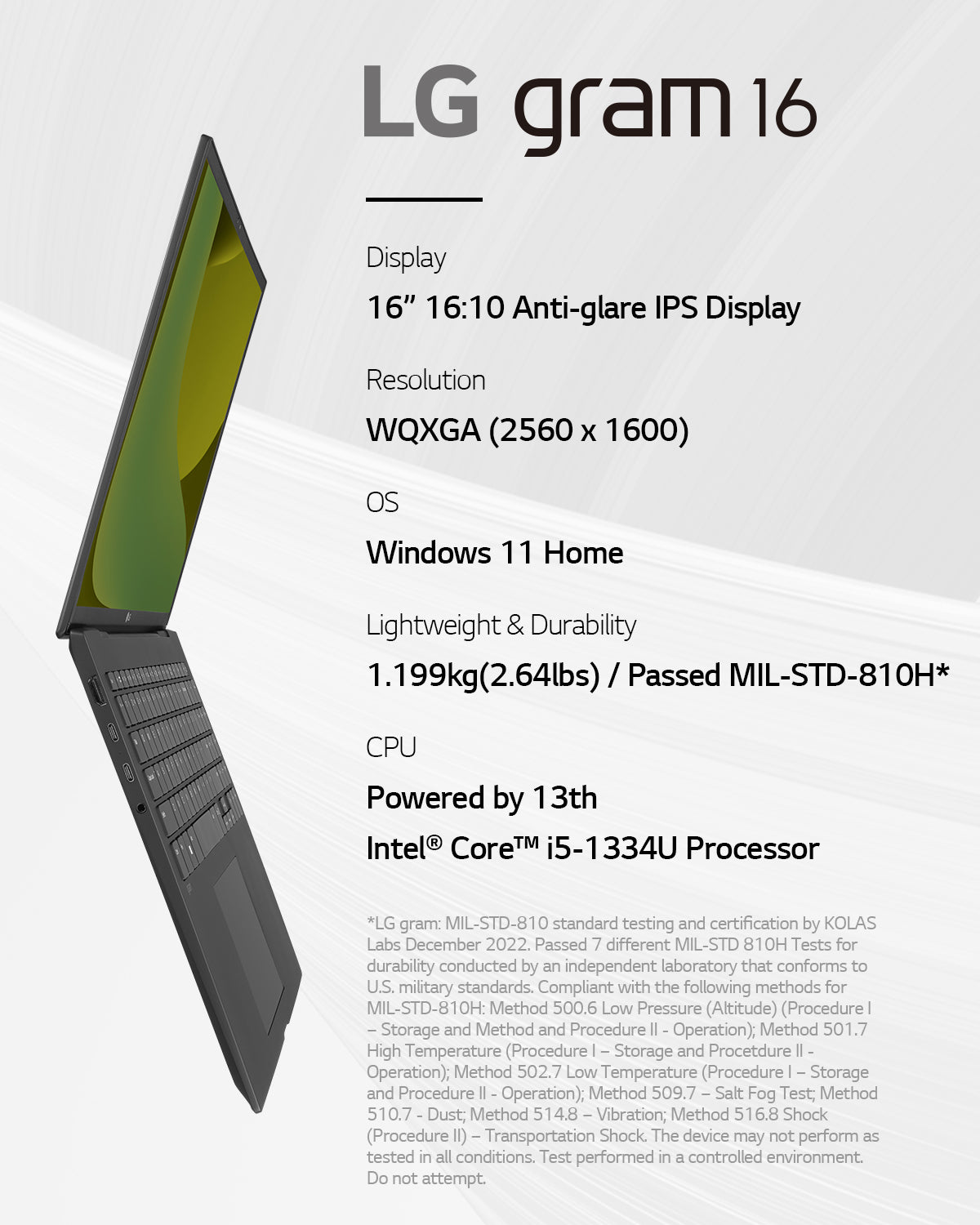 LG Gram 16Z90RU-G.AA55A1 laptop Intel® Core™ i5 i5-1334U 40.6 cm (16") 2.5K 16 GB LPDDR4x-SDRAM 512 GB SSD Wi-Fi 6E (802.11ax) Windows 11 Home Black