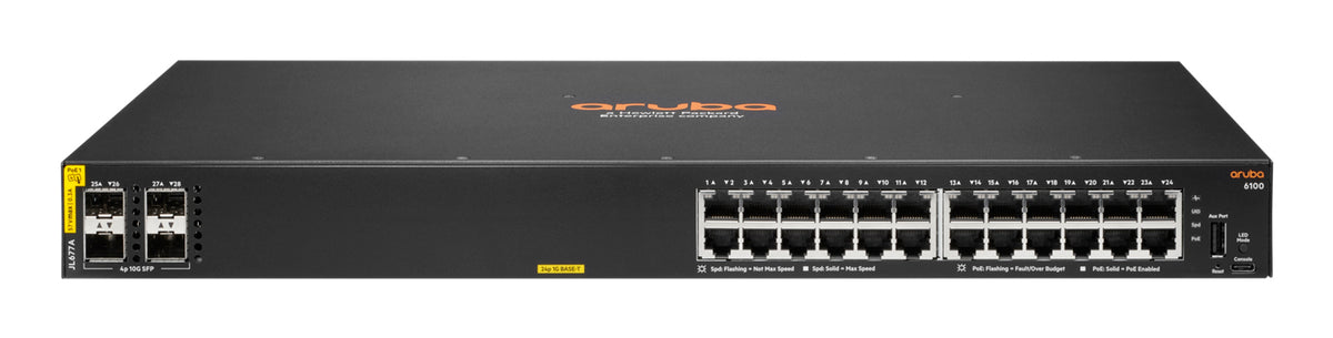 HPE Aruba Networking Aruba 6100 24G Class4 PoE 4SFP+ 370W Managed L3 Gigabit Ethernet (10/100/1000) Power over Ethernet (PoE) 1U Black