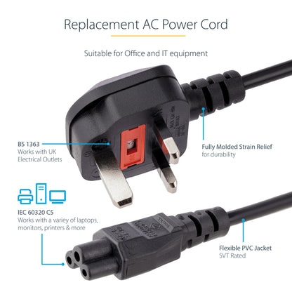 StarTech.com 6ft (2m) UK Laptop Power Cable, BS 1363 to C5 (Clover Leaf), 2.5A 250V, 18AWG, UK Laptop Replacement Cord, Printer Power Cable, Laptop Charger Cord, Laptop Power Brick Cord