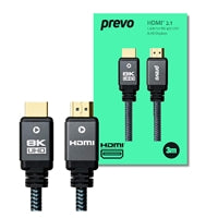 Prevo HDMI-2.1-3M HDMI Cable, HDMI 2.1 (M) to HDMI 2.1 (M), 3m, Black & Grey, Supports Displays up to 8K@60Hz, 99.9% Oxygen-Free Copper with Gold-Plated Connectors, Superior Design & Performance, Retail Box Packaging