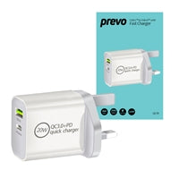 Prevo QC70 20W USB Type-C & USB Type-A Fast Charge Mains Charger with QC 3.0 for Laptops, Ultrabooks, Chromebooks, iPads, MacBooks, Smartphones, Tablets, Mobile Devices, Action Cameras, DSLRs