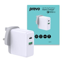 Prevo QC72 65W USB Type-C & USB Type-A Fast Charge Mains Charger with Qualcomm Quick Charge 3.0 and 1.5m 100W USB-C Cable for Laptops, Ultrabooks, Chromebooks, iPads, MacBooks, Smartphones, Tablets, Mobile Devices, Action Cameras, DSLRs