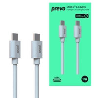 Prevo USB 2.0 60W C to C PVC cable, 20V/3A, 480Mbps, White, Superior Design & Performance, Retail Box Packaging