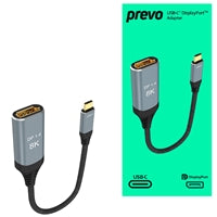 Prevo USBC-DP-ADA Display Converter Adapter, USB Type-C (M) to DisplayPort (F), 0.2m, Black & Silver, DisplayPort 1.4, Supports up to 8K@30Hz, Braided Cable, Retail Box Packaging