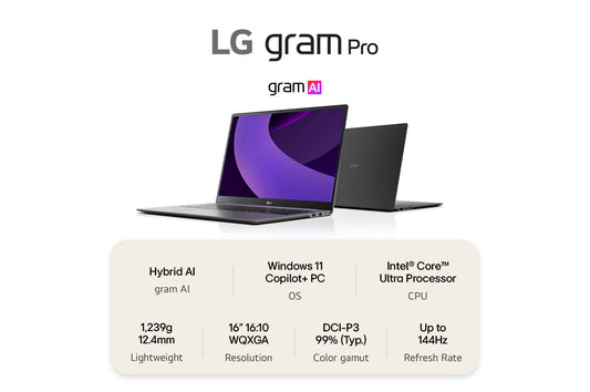 LG Gram Pro AI 16Z90TS-G.AU89A1 laptop Intel Core Ultra 7 258V 40.6 cm (16") 2.5K 32 GB LPDDR5x-SDRAM 1 TB SSD Wi-Fi 7 (802.11be) Windows 11 Home, Metal Grey