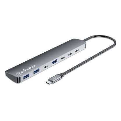 Manhattan USB-C Dock/Hub, Ports (x7): USB-A (x3) and USB-C (x4), with Power Delivery (PD) 100W- requires external USB-C charger (not included). USB powered (no external power supply required) when PD is not in use, Aluminium