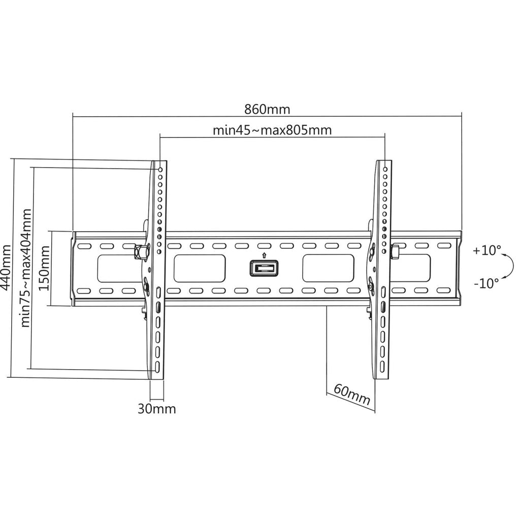 Manhattan Wall Mount for TV & Monitors (Tiltable), For screens 37" to 75", VESA compatibility: all between 200x200mm to 800x400mm - check the dimensions of the four mounting holes on back of screen to ensure it fits, Max 75kg, Black, Bracket