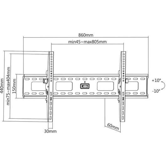 Manhattan Wall Mount for TV & Monitors (Tiltable), For screens 37" to 75", VESA compatibility: all between 200x200mm to 800x400mm - check the dimensions of the four mounting holes on back of screen to ensure it fits, Max 75kg, Black, Bracket