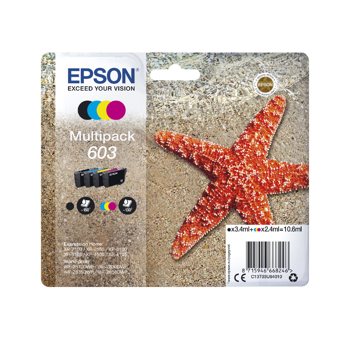 Epson C13T03U64010/603 Ink cartridge multi pack Bk,C,M,Y 3,4ml + 3x2,4ml Pack=4 for Epson XP 2100