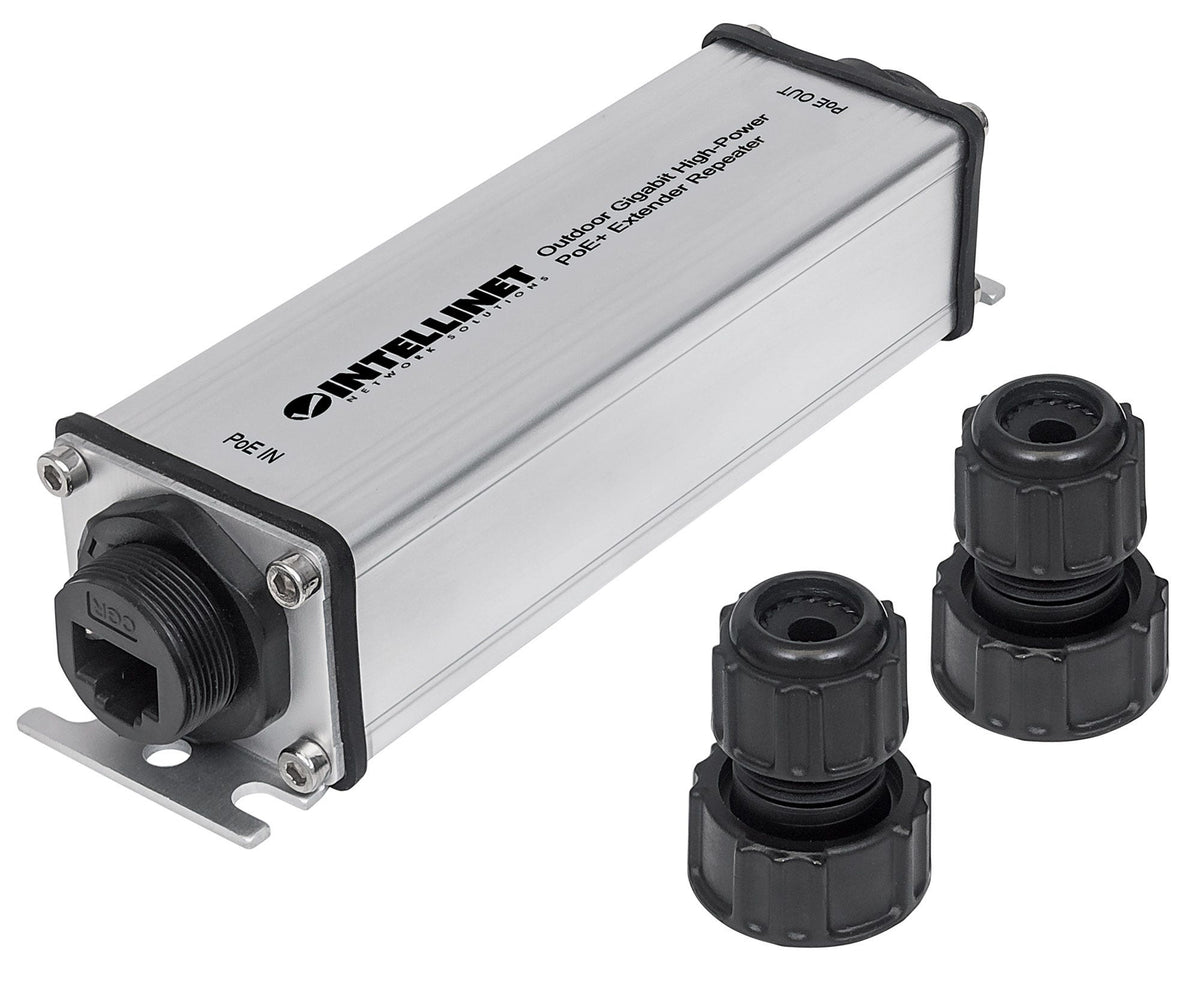 Intellinet Outdoor Gigabit High-Power PoE+ Extender Repeater, IEEE 802.3at/af Power over Ethernet (PoE+/PoE), Extends Range up to 100m, Metal, IP65