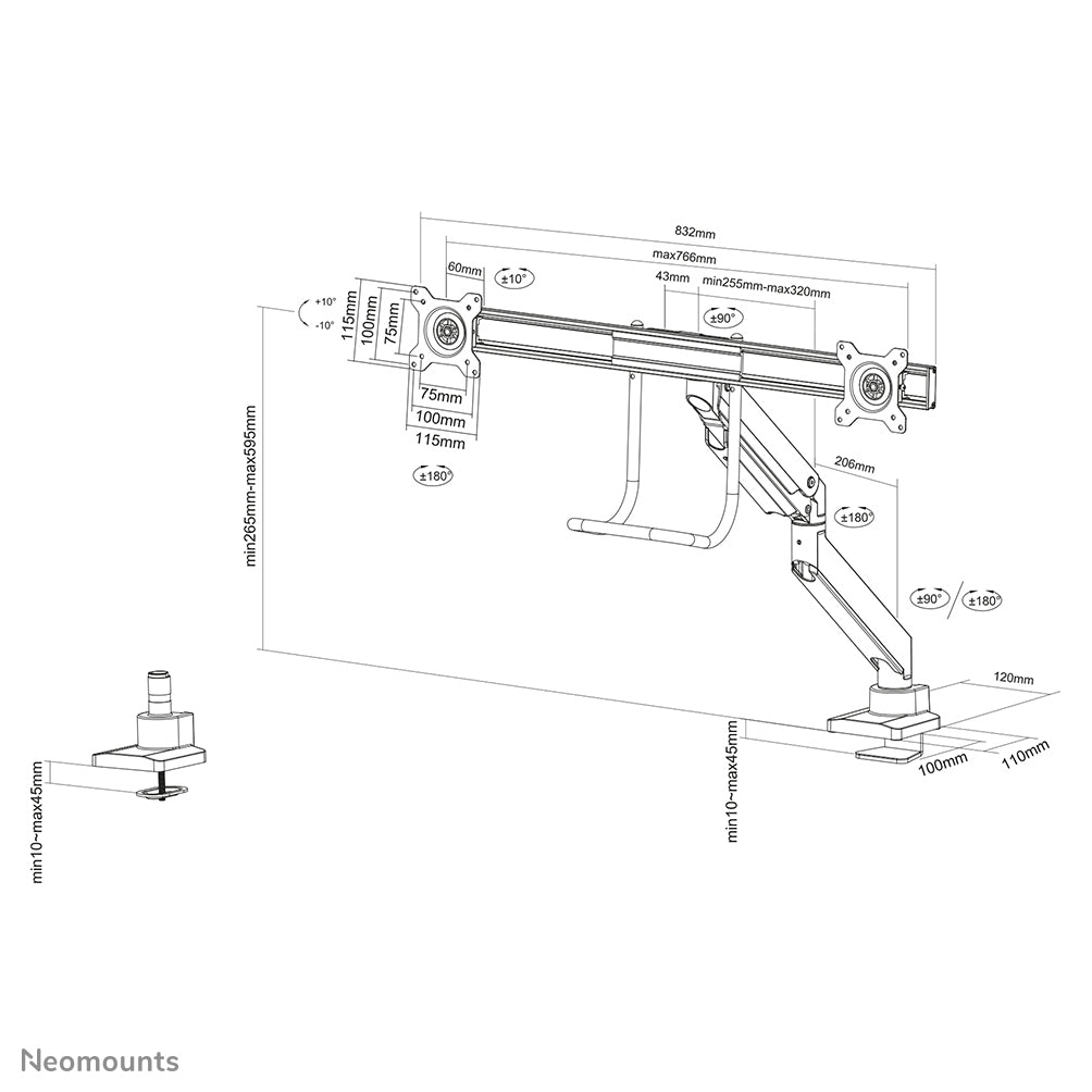 Neomounts NM-D775DXBLACK Monitor arm 10-32" - gas spring - Topfix - 180°-stop