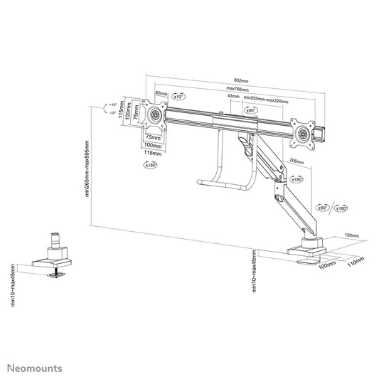 Neomounts NM-D775DXBLACK Monitor arm 10-32" - gas spring - Topfix - 180°-stop